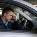 Homme au volant, la main sur le front