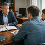 Homme en costume consultant un couple assis au bureau
