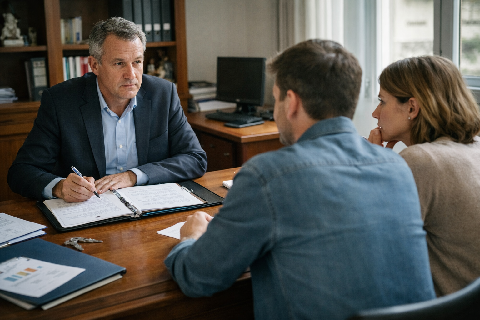 Homme en costume consultant un couple assis au bureau