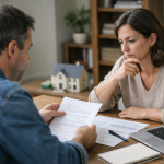 Couple discutant d'un contrat devant un modèle de maison