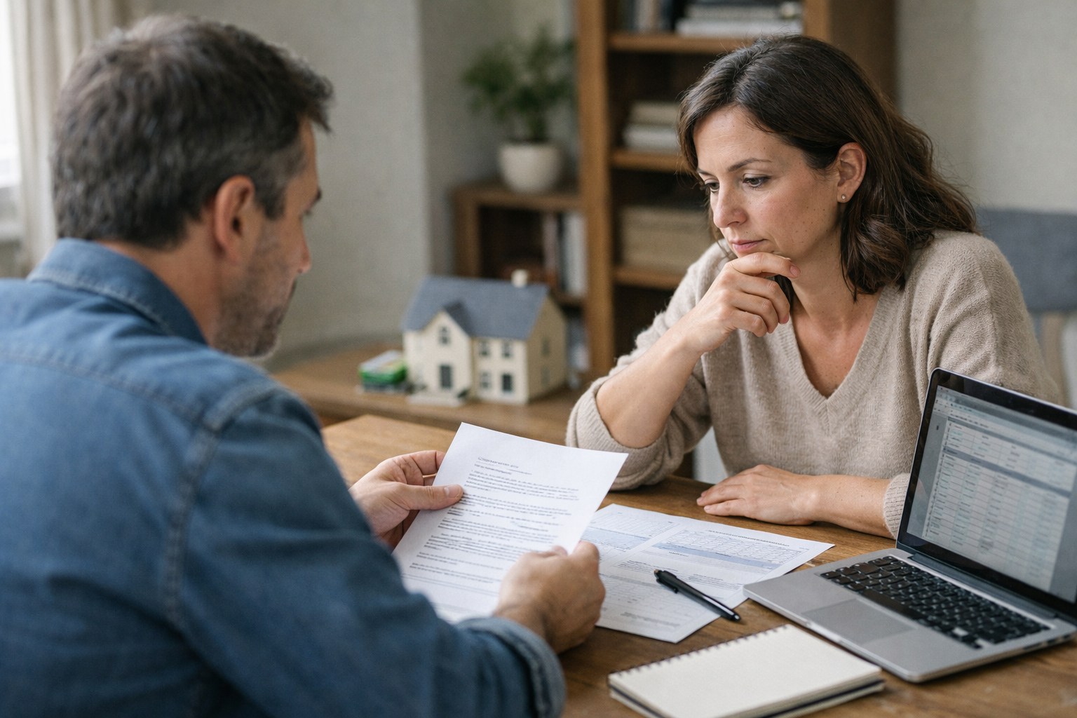 Couple discutant d'un contrat devant un modèle de maison