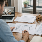 Personne annotant plans d'architecte devant ordinateur portable