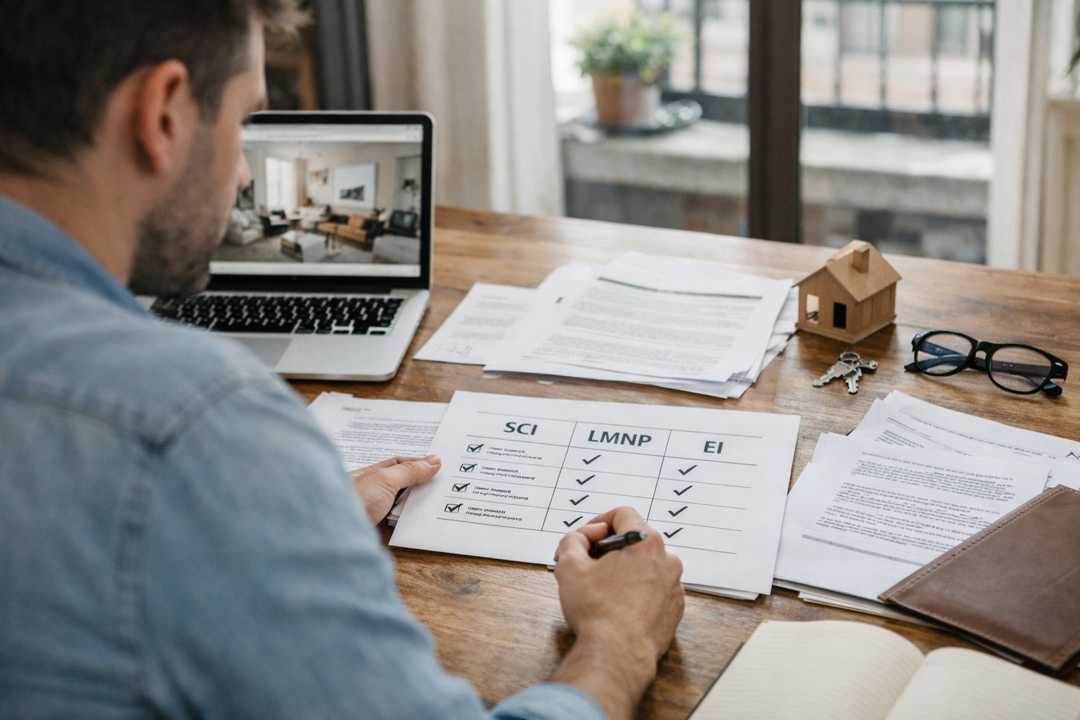 Personne annotant plans d'architecte devant ordinateur portable