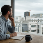 Homme pensif regardant la ville depuis un bureau