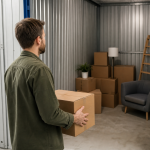 Homme portant carton dans unité de stockage