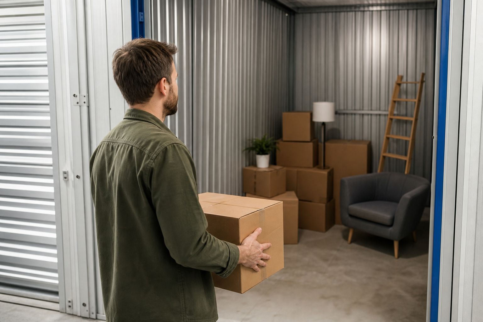 Homme portant carton dans unité de stockage