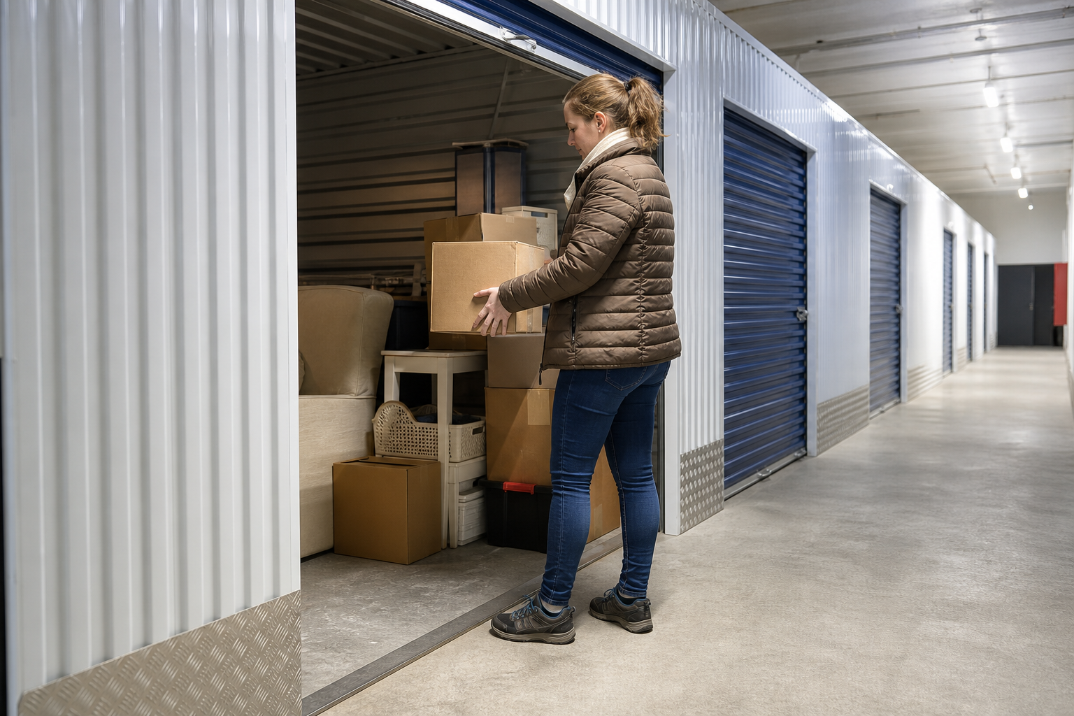 Personne range des cartons dans un box de self-stockage