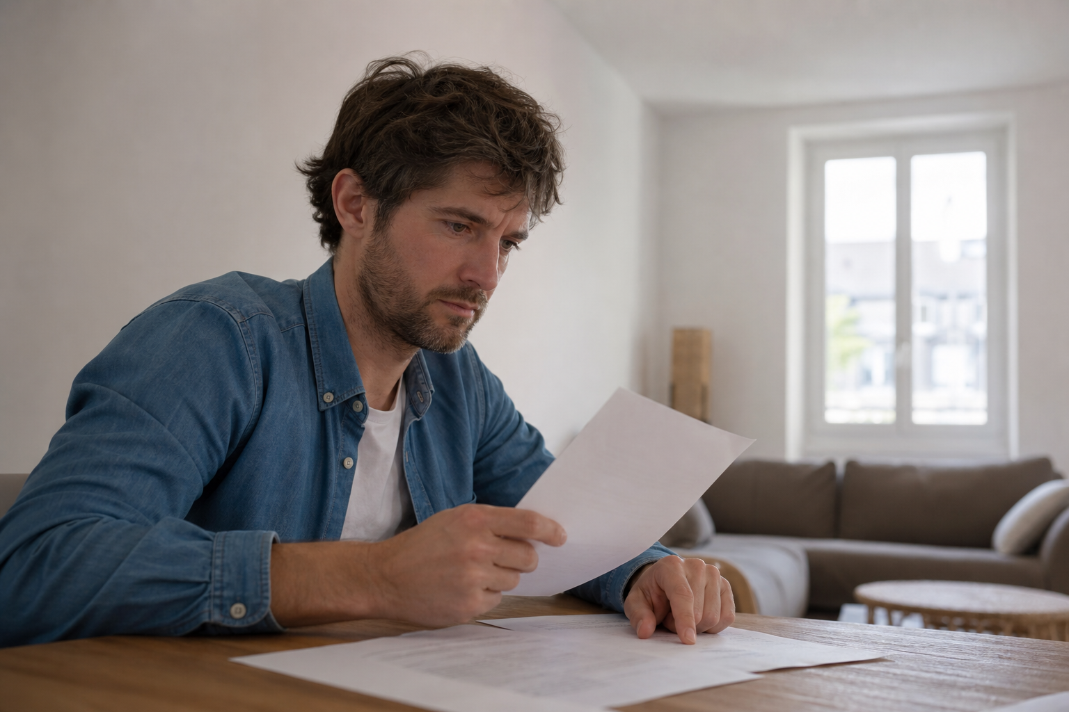 Homme concentré examinant des documents à table