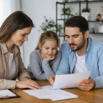 Parents et enfant examinant des documents à table