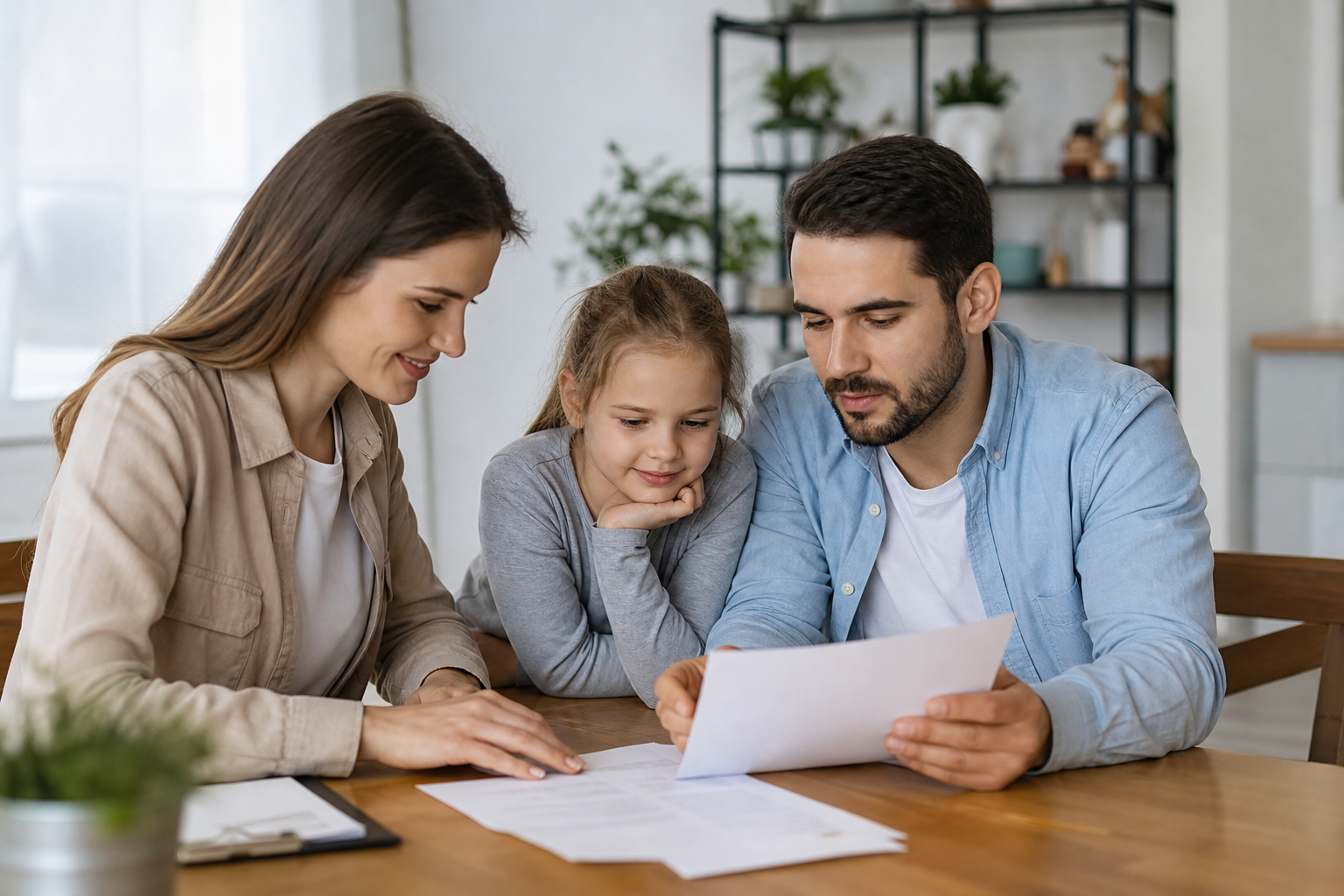 Parents et enfant examinant des documents à table